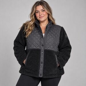 Madden Girl Jacket Womens XL Black Quilted Mixed Media Sherpa Fleece Snap Front